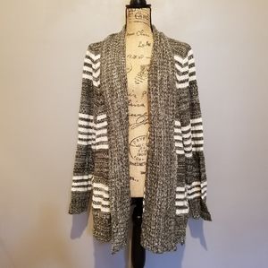 Gray And White Striped Open Cardigan